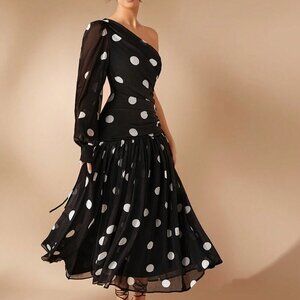 Black And White Elegant Women's Polka Dot One Shoulder Long Sleeve Maxi Dress